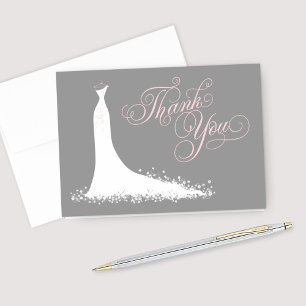 Elegant Gray Pink Wedding Gown Bridal Shower Thank You Card
