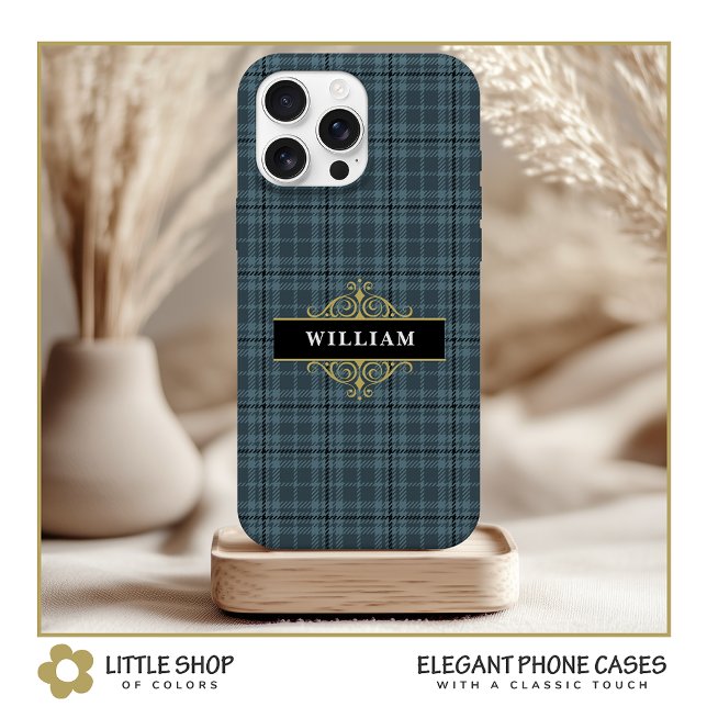 Elegant Gray Plaid Gold Monogram Iphone Case (Creator Uploaded)