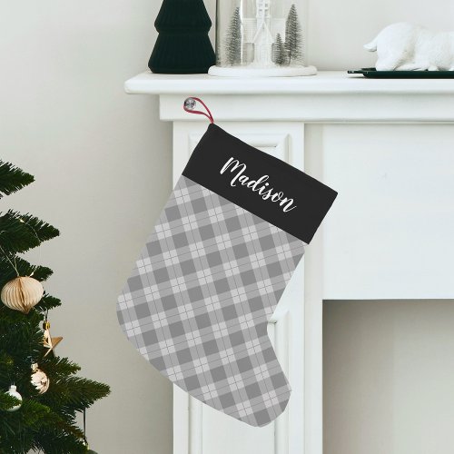 Elegant Gray Plaid Personalized Small Christmas Stocking