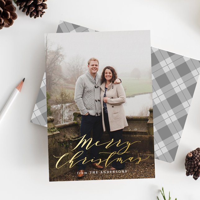 Elegant Gray Plaid Photo Foil Holiday Card (Creator Uploaded)