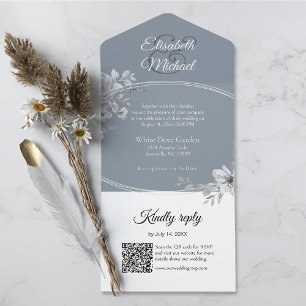 Elegant Gray QR Code Monogram Wedding RSVP All In One Invitation