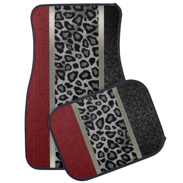 Elegant Gray, Red and Leopard Animal Design Car Mat (Set)