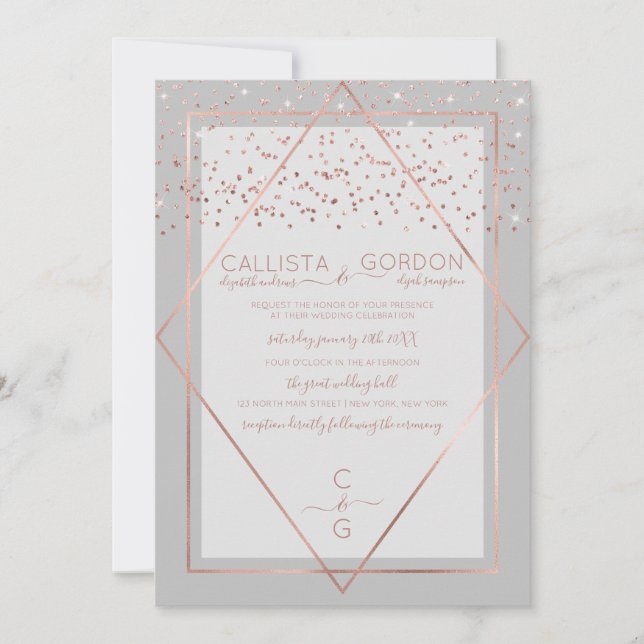 Elegant Gray Rose Gold Confetti Geo Border Wedding Invitation (Front)