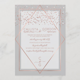 Elegant Gray Rose Gold Confetti Geo Border Wedding Invitation
