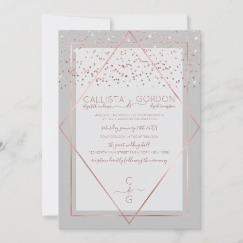 Elegant Gray Rose Gold Confetti Geo Border Wedding Invitation
