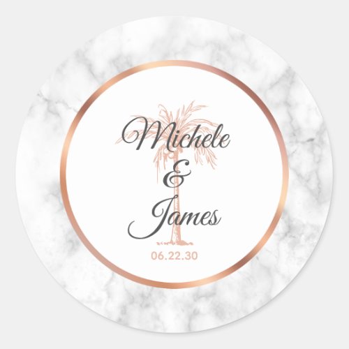 Elegant Gray Rose Gold Palm Tree Marble Wedding Classic Round Sticker