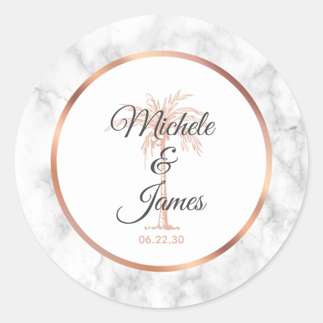 Elegant Gray Rose Gold Palm Tree Marble Wedding Classic Round Sticker (Front)