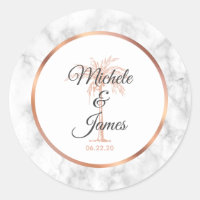 Elegant Gray Rose Gold Palm Tree Marble Wedding Classic Round Sticker