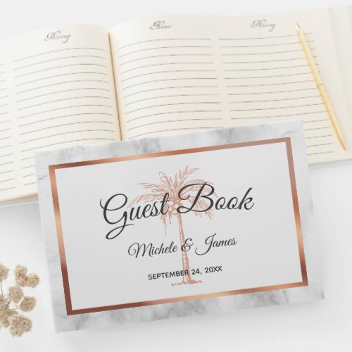 Elegant Gray Rose Gold Palm Tree Marble Wedding Guest Book