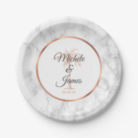 Elegant Gray Rose Gold Palm Tree Marble Wedding Paper Plate