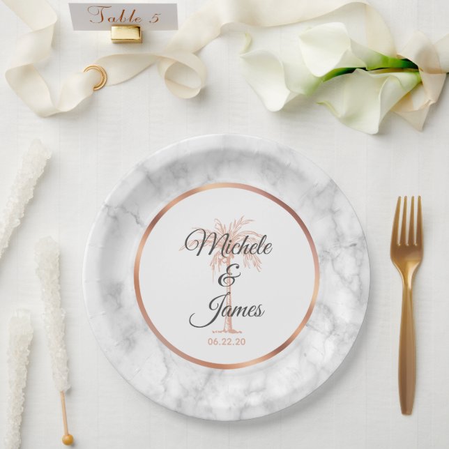 Elegant Gray Rose Gold Palm Tree Marble Wedding Paper Plates (Wedding)