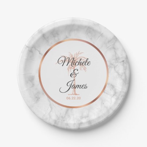 Elegant Gray Rose Gold Palm Tree Marble Wedding Paper Plates
