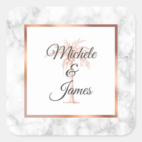 Elegant Gray Rose Gold Palm Tree Marble Wedding Square Sticker