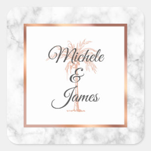 Elegant Gray Rose Gold Palm Tree Marble Wedding Square Sticker