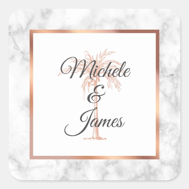 Elegant Gray Rose Gold Palm Tree Marble Wedding Square Sticker (Front)