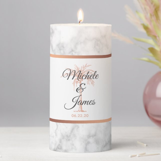 Elegant Gray Rose Gold Palm Trees Marble Wedding Pillar Candle (In Situ)