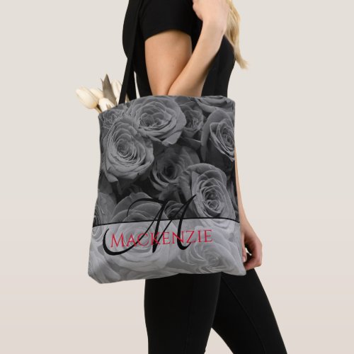 Elegant gray roses gray flowers gray floral tote bag