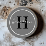 Elegant Gray Round Monogram Script Name Coaster<br><div class="desc">An elegant sandstone coaster featuring a dark gray serif initial and custom family name in script, framed by a circle on a medium gray background. The tonal gray palette creates a sleek, modern-classic look that pairs beautifully with contemporary or transitional decor. A polished personalized gift for housewarmings or weddings. All...</div>