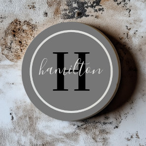 Elegant Gray Round Monogram Script Name Coaster