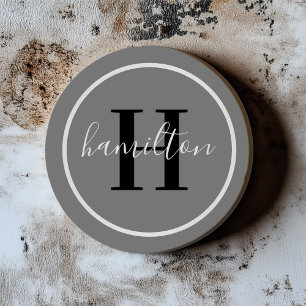 Elegant Gray Round Monogram Script Name Coaster