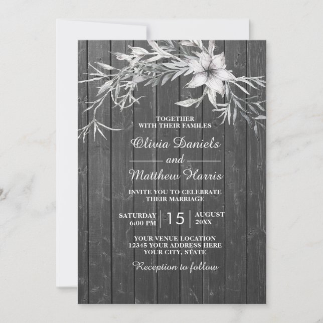Elegant gray rustic. Floral wedding wood barn Invitation (Front)