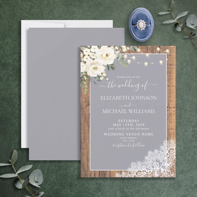 Elegant Gray Rustic Wood Lace Script Wedding Invitation (Creator Uploaded)