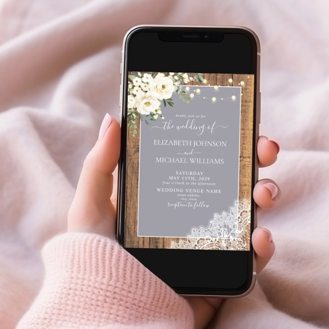 Elegant Gray Rustic Wood Lace Script Wedding Invitation (Creator Uploaded)