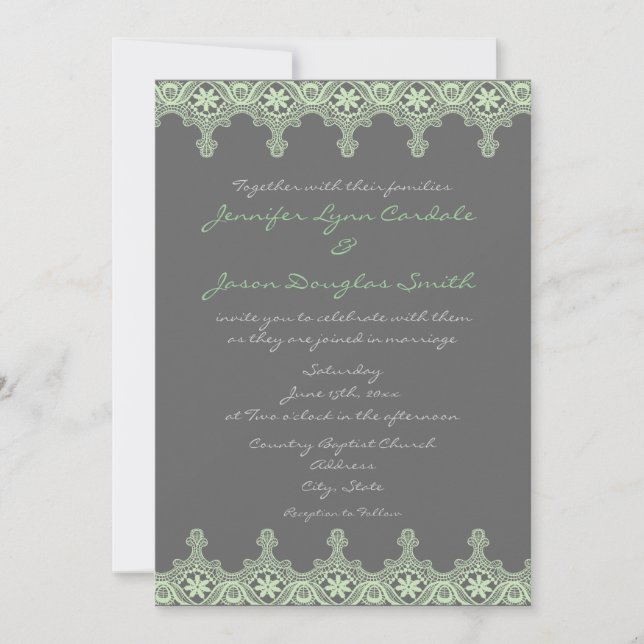 Elegant Gray  Sage Green Lace Wedding Invitations (Front)