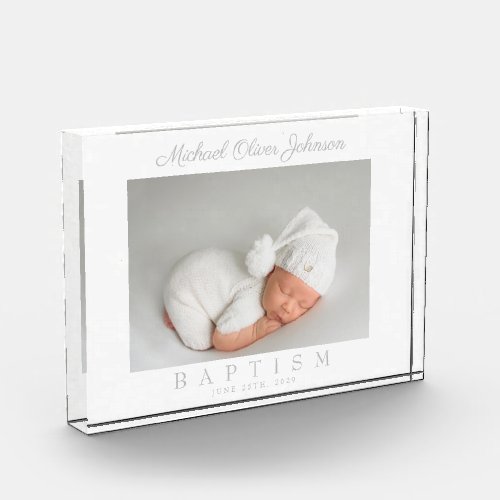 Elegant Gray Script Baptism Photo Block