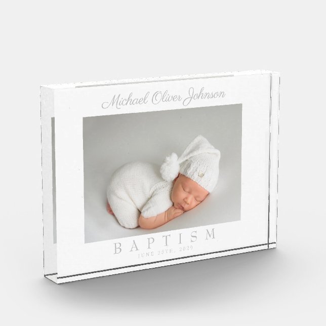 Elegant Gray Script Baptism Photo Block (Left)