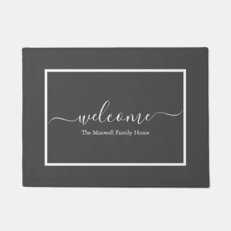 Elegant gray script family name welcome doormat