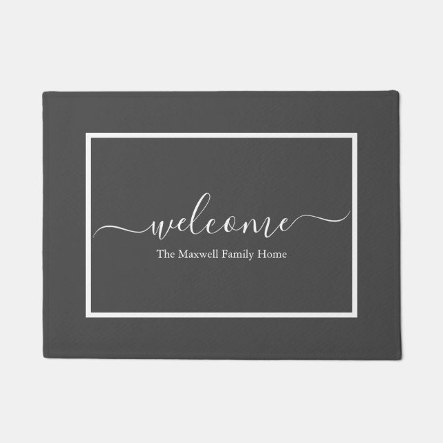 Elegant gray script family name welcome doormat (Front)