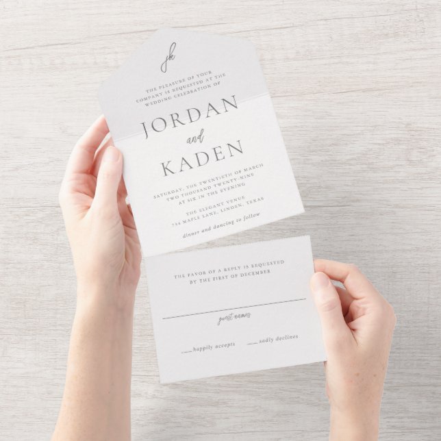 Elegant Gray Script Monogram Wedding All In One Invitation (Tearaway)