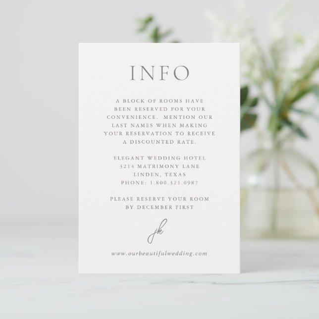 Elegant Gray Script Monogram Wedding Enclosure Card (Standing Front)