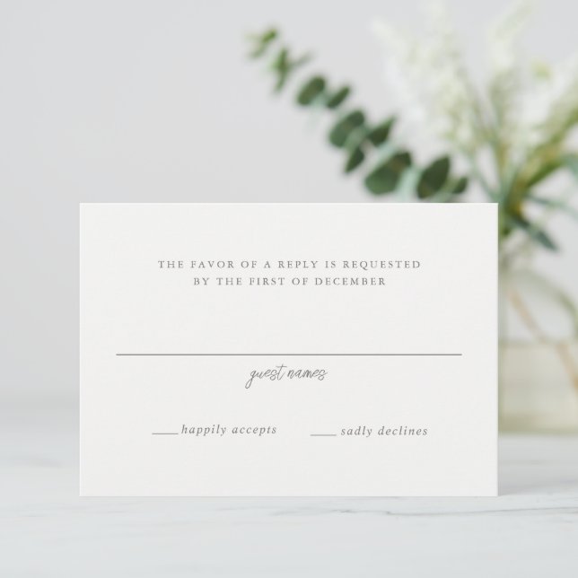 Elegant Gray Script Monogram Wedding RSVP Card (Standing Front)