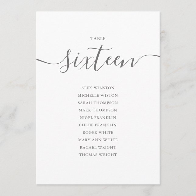 Elegant Gray Script Table Number 16 Seating Chart (Front)