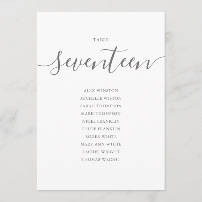 Elegant Gray Script Table Number 17 Seating Chart (Front)
