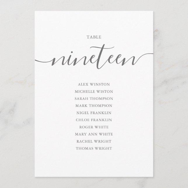 Elegant Gray Script Table Number 19 Seating Chart (Front)