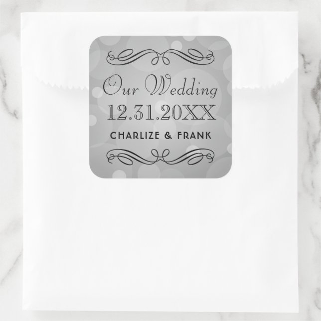 Elegant Gray Scroll Our Wedding Monogram Square Sticker (Bag)