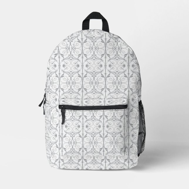 Elegant Gray Scroll Pattern Backpack (Front)