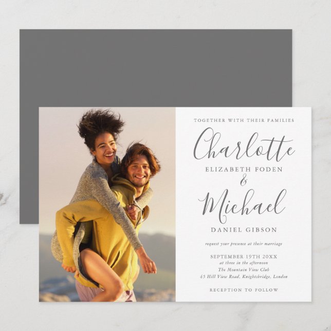Elegant Gray Signature Script Photo Wedding Invitation (Front/Back)