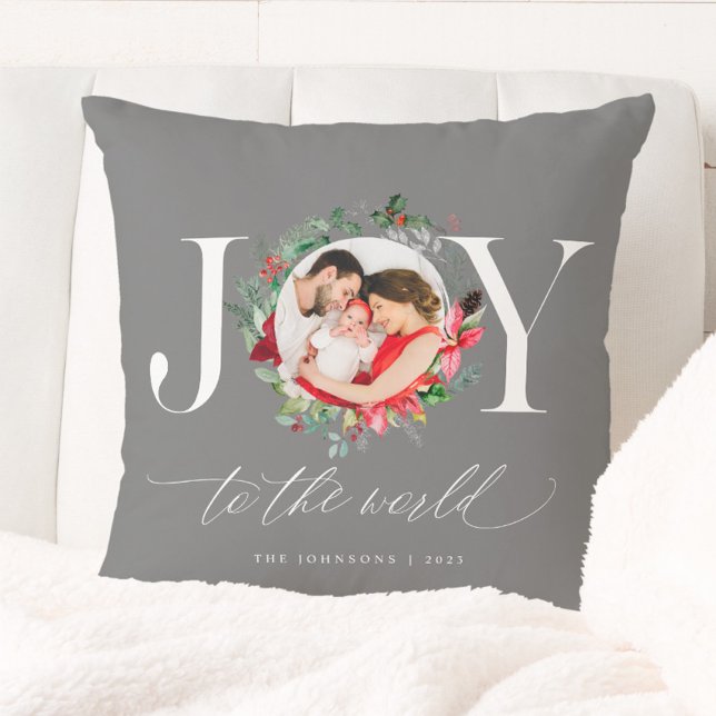 Elegant Gray Silver Christmas Wreath Joy Throw Pillow (Creator Uploaded)