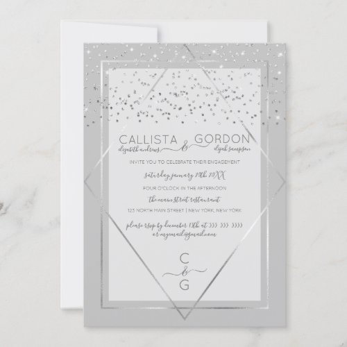 Elegant Gray Silver Confetti Border Engagement Invitation
