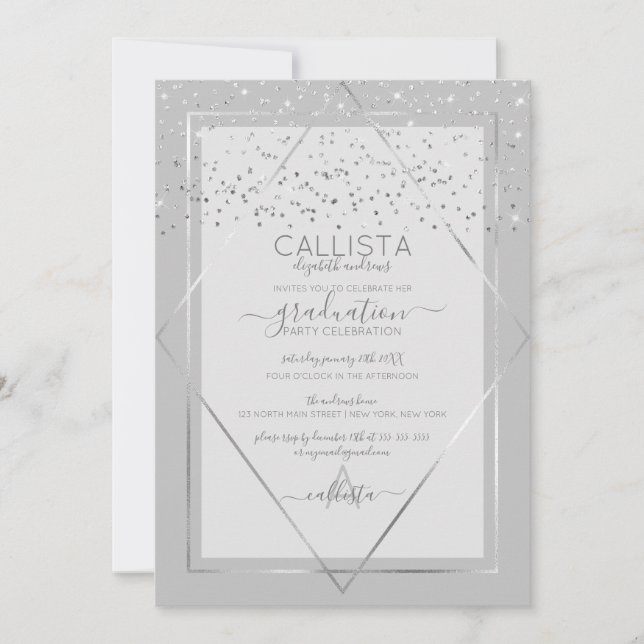 Elegant Gray Silver Confetti Border Graduation Invitation (Front)