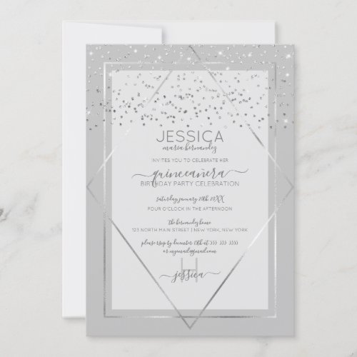 Elegant Gray Silver Confetti Border Quinceaera Invitation