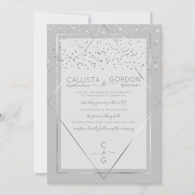 Elegant Gray Silver Confetti Geo Border Wedding Invitation (Front)