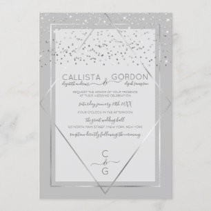 Elegant Gray Silver Confetti Geo Border Wedding Invitation