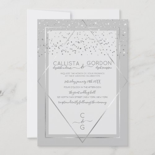 Elegant Gray Silver Confetti Geo Border Wedding Invitation