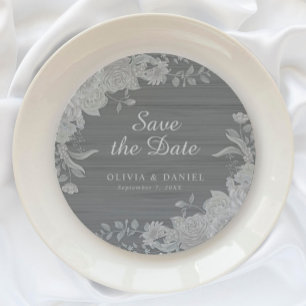Elegant Gray Silver Floral Save the Date Wedding Round Paper Coaster