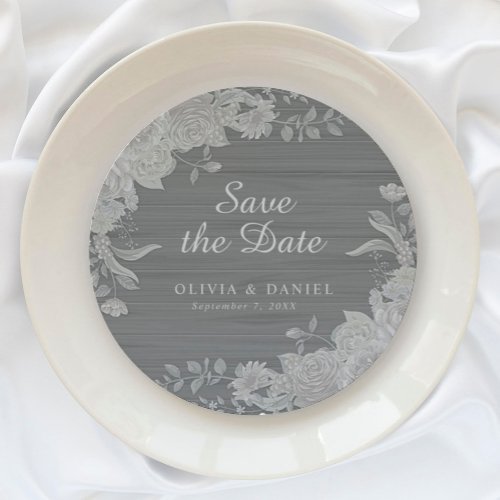 Elegant Gray Silver Floral Save the Date Wedding  Round Paper Coaster